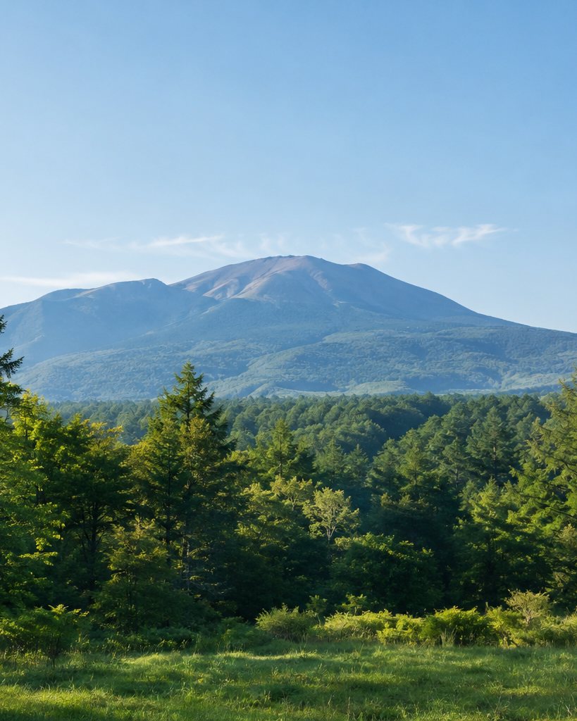 夏の朝の浅間山と軽井沢の森